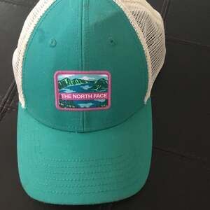 Patagonia Teal & White Trucker Hat, Mountain Patch, Snapback trail hiking